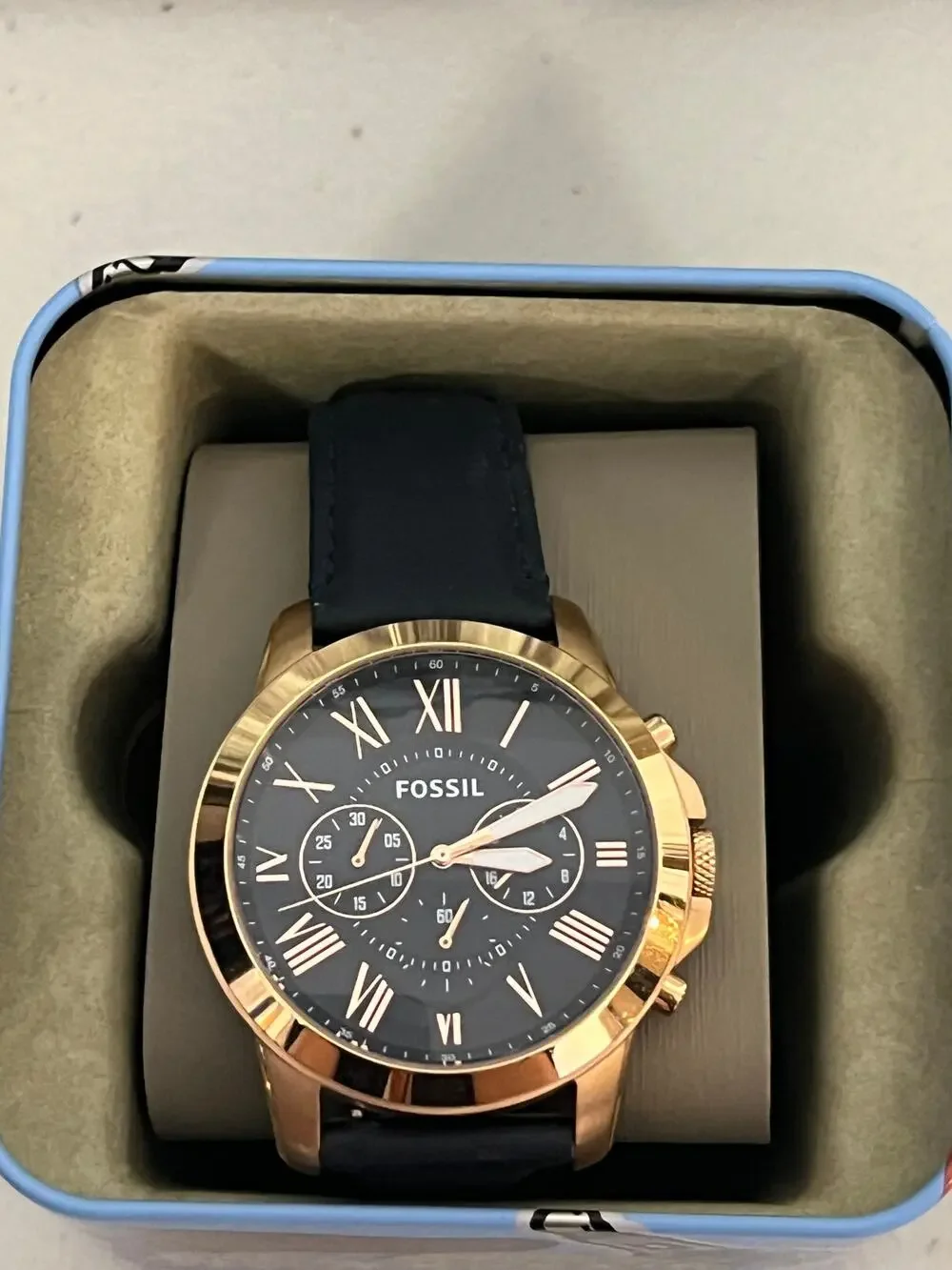 NWT Fossil FS4835 Grant Men Rose Gold Chronograph Navy Leather Quartz Watch